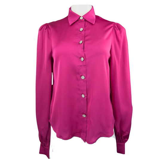 Hot Pink Satin Blouse with Crystal Flower Buttons