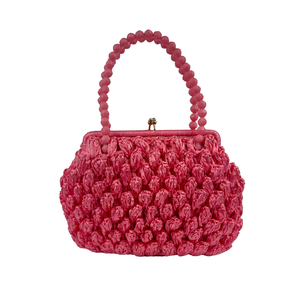 Pink Straw Handbag with Beaded Handle