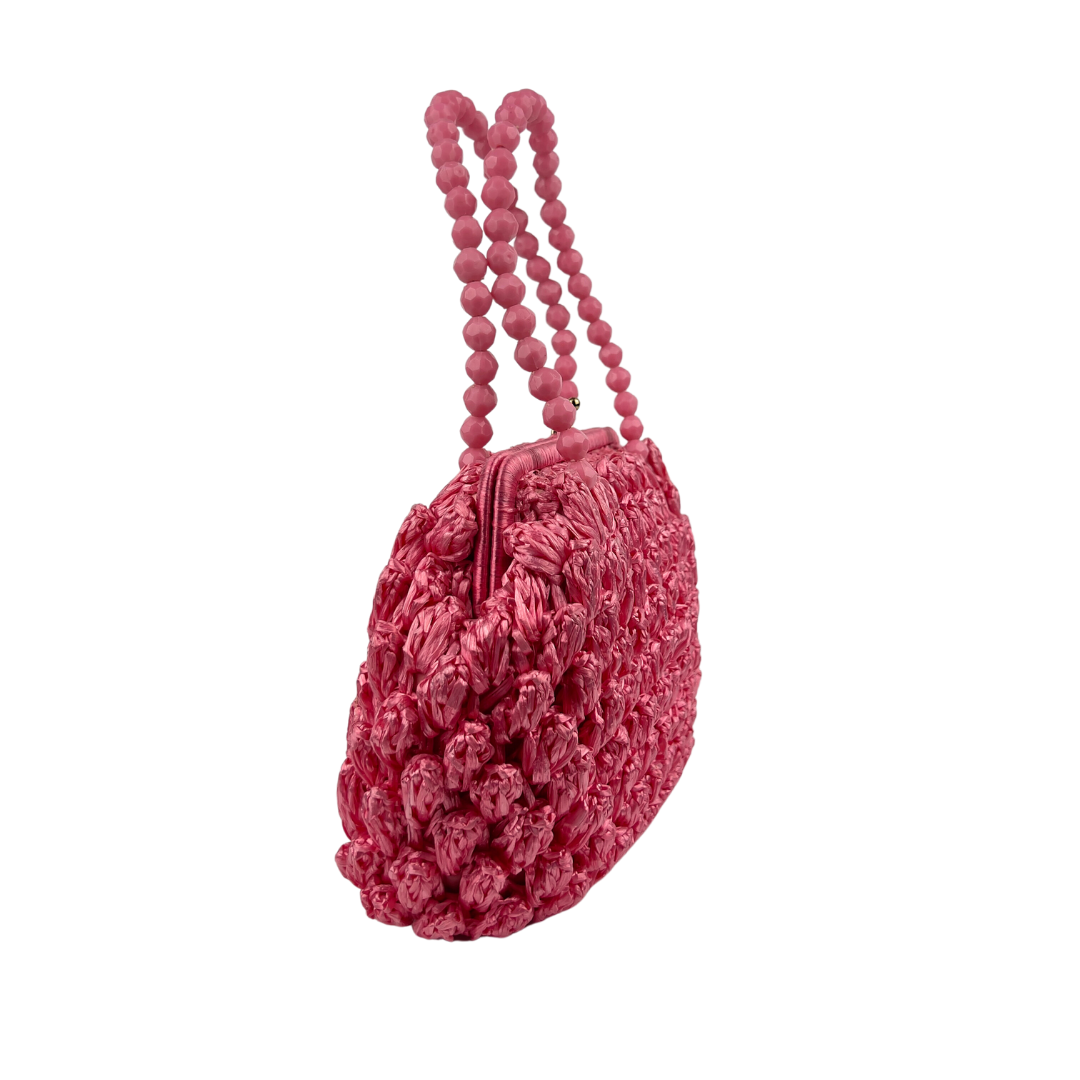 Pink Straw Handbag with Beaded Handle