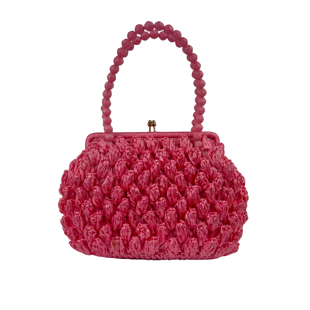 Pink Straw Handbag with Beaded Handle
