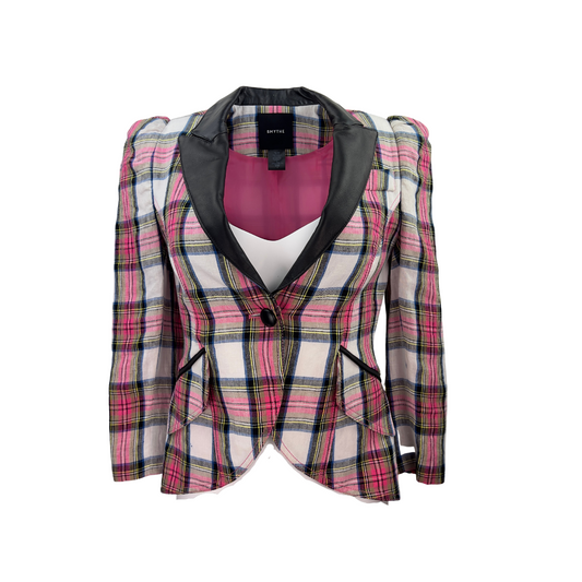 Pink and White Plaid Smythe Blazer with Leather Lapel