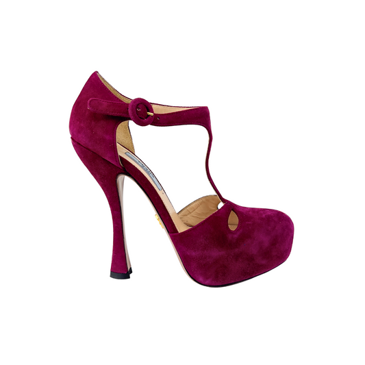 Prada Burgundy Suede Platform Ankle strap Heel