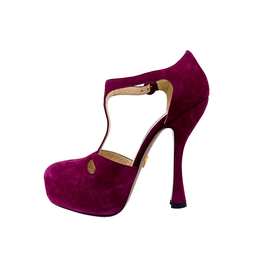 Prada Burgundy Suede Platform Ankle strap Heel