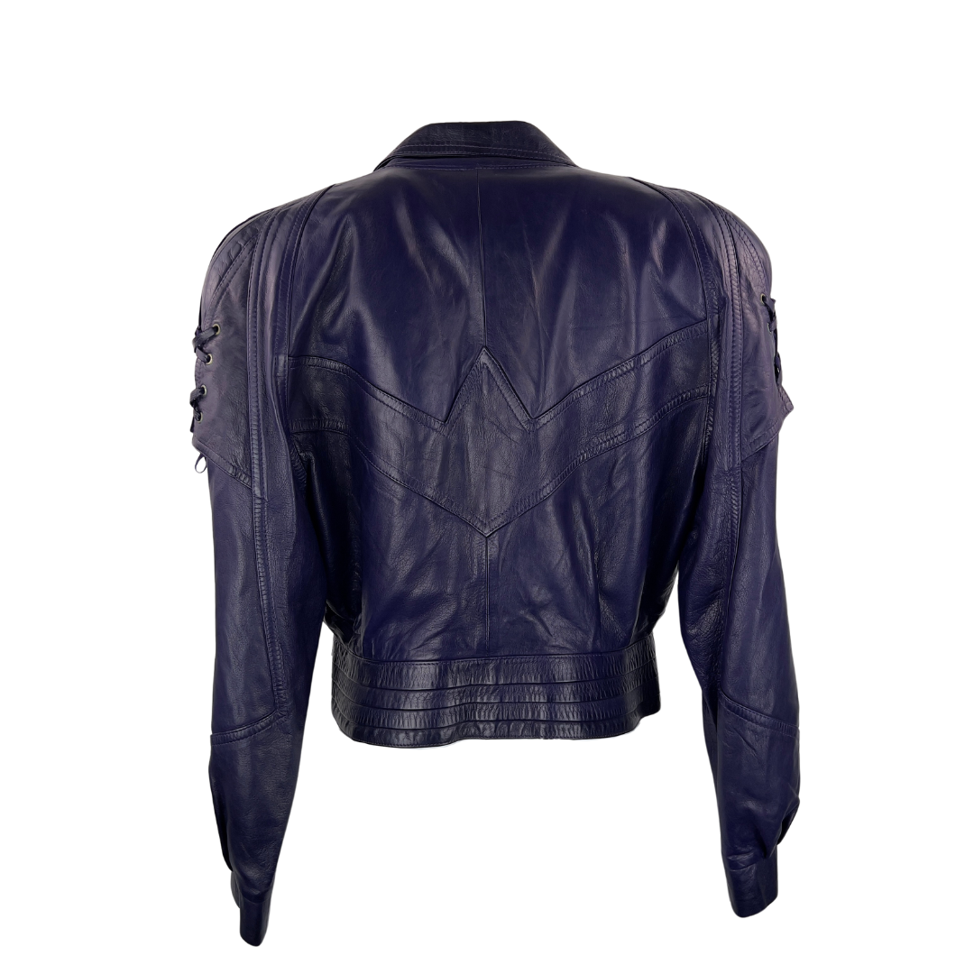 Purple Cropped Leather Jacket with Shoulder Lacing