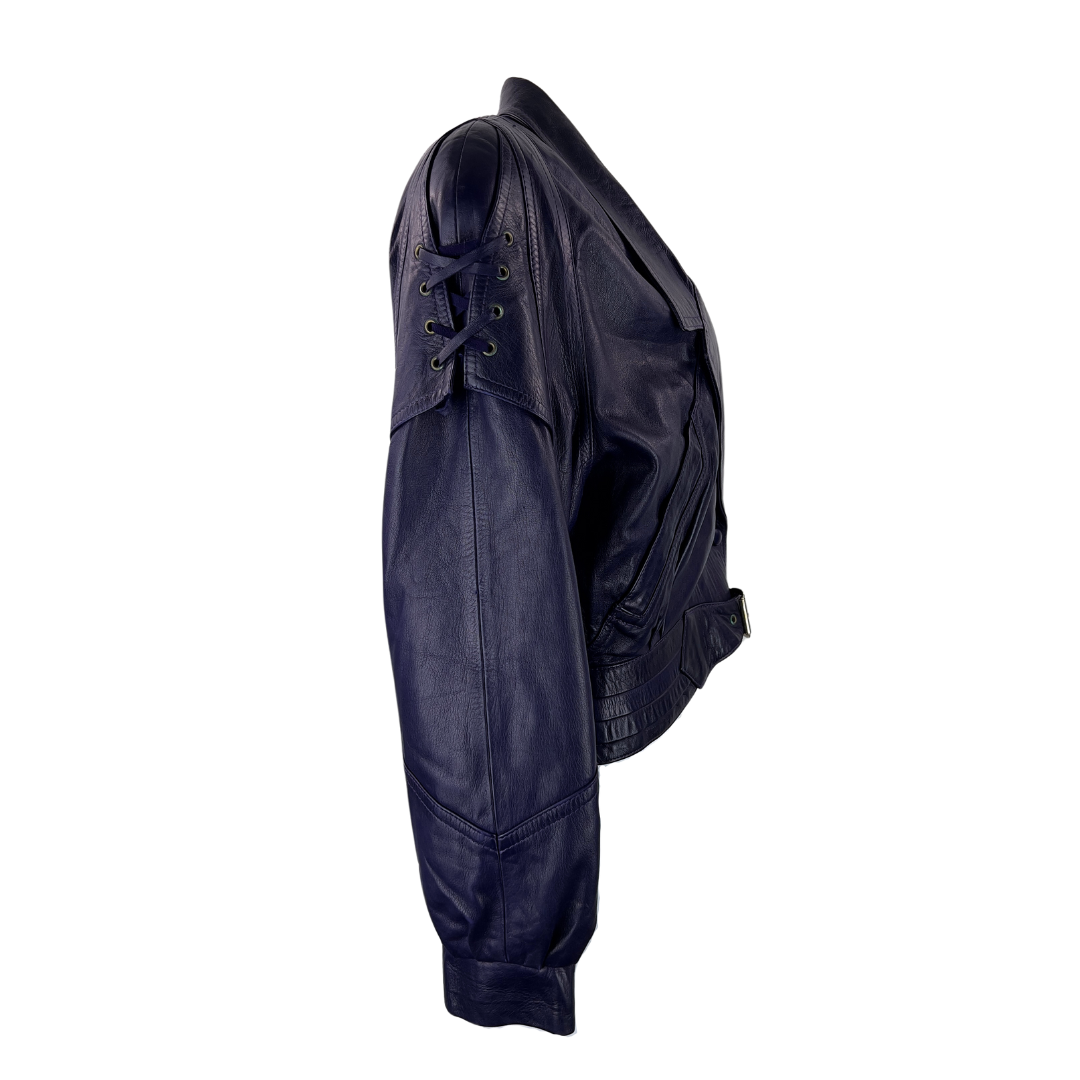 Purple Cropped Leather Jacket with Shoulder Lacing