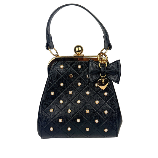 Leather Quilted Handbag with Pearls and Bow