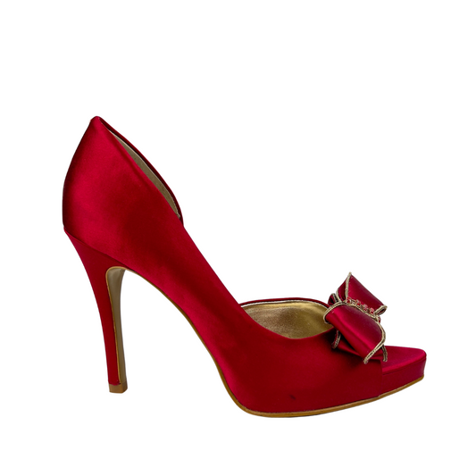 Red Satin Open Toe Pump with Bow
