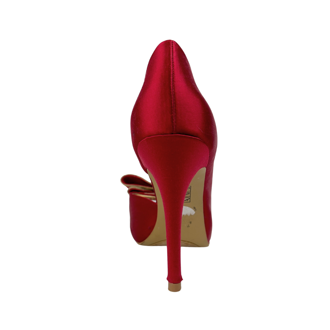 Red Satin Open Toe Pump with Bow