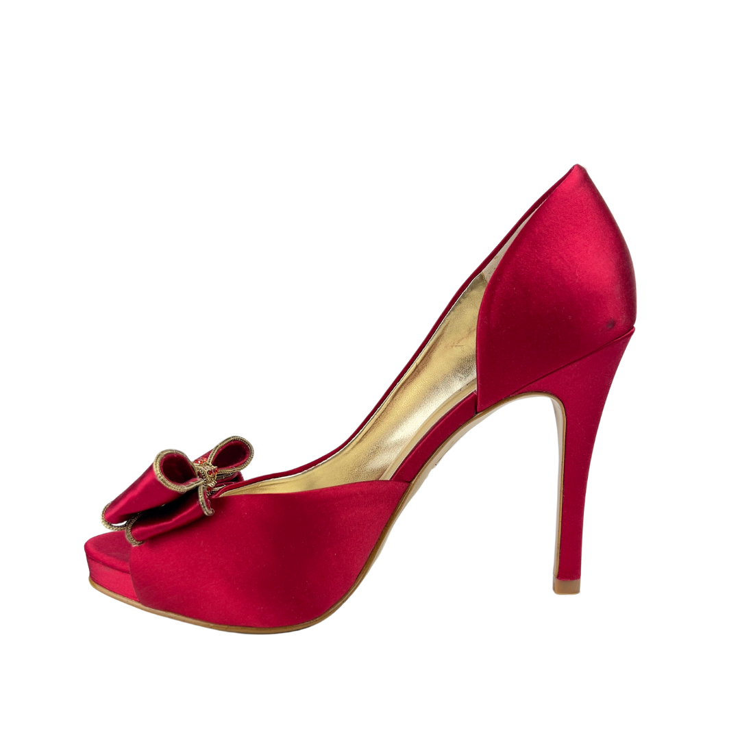 Red Satin Open Toe Pump with Bow