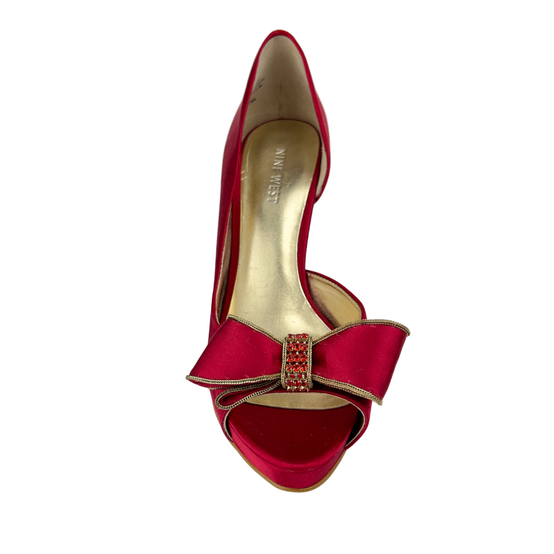 Red Satin Open Toe Pump with Bow