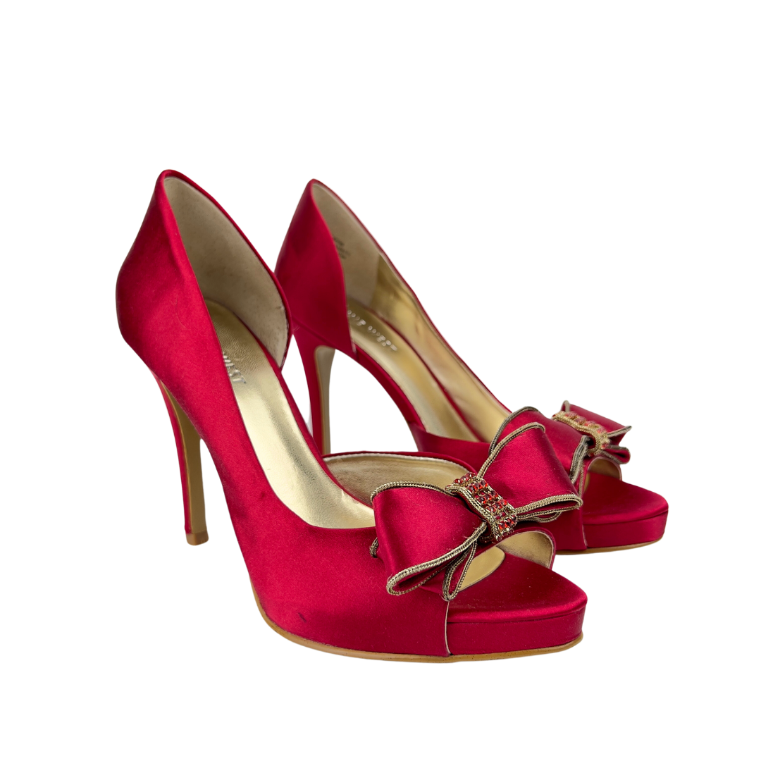 Red Satin Open Toe Pump with Bow