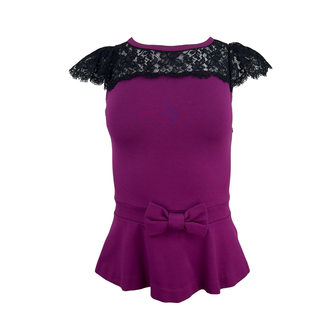 Red Valentino Purple Top with Black Lace Capped Sleeves