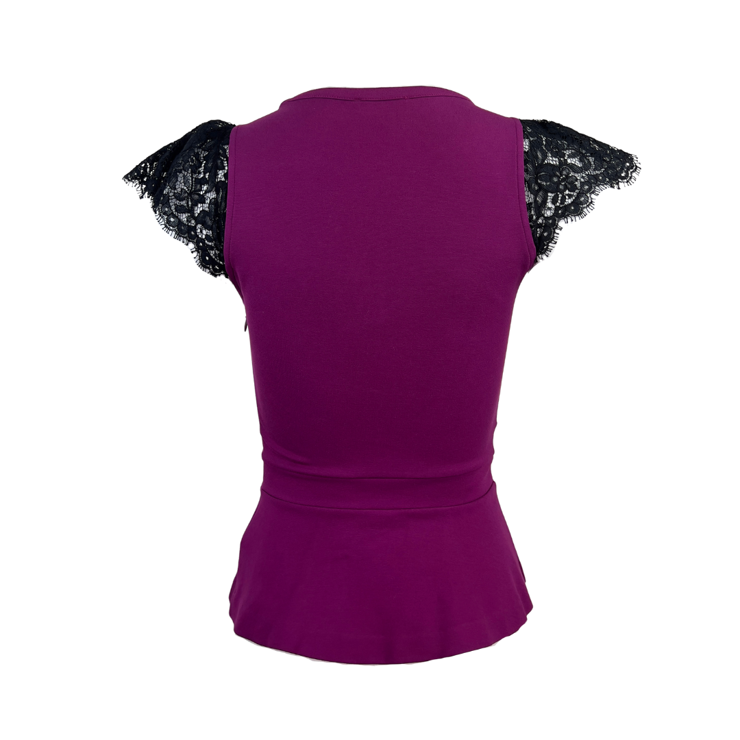Red Valentino Purple Top with Black Lace Capped Sleeves