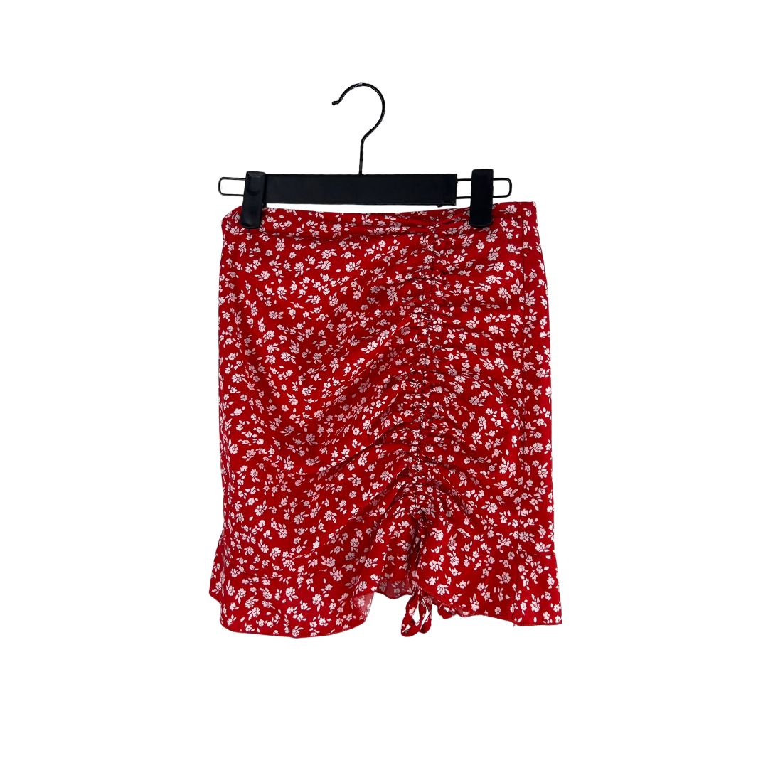 Shein Red and White Floral Gathered Mini Skirt