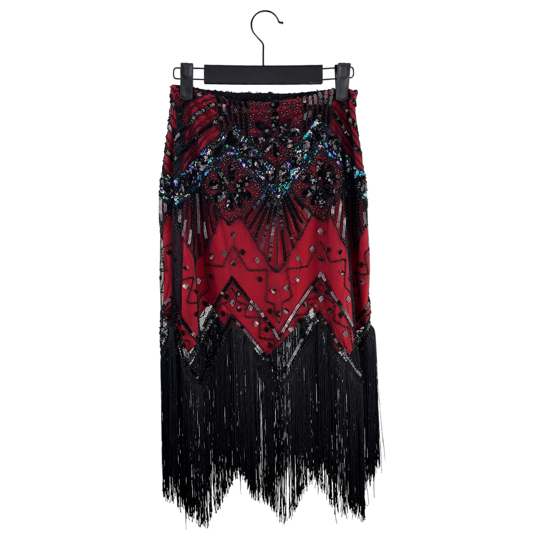 Red and Black Beaded Fringe Flapper Skirt