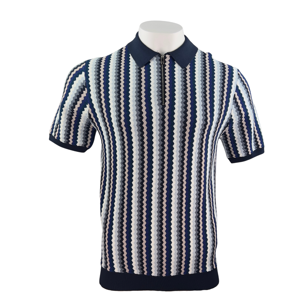 Reiss Blue Squiggle Knit Polo with Zipper