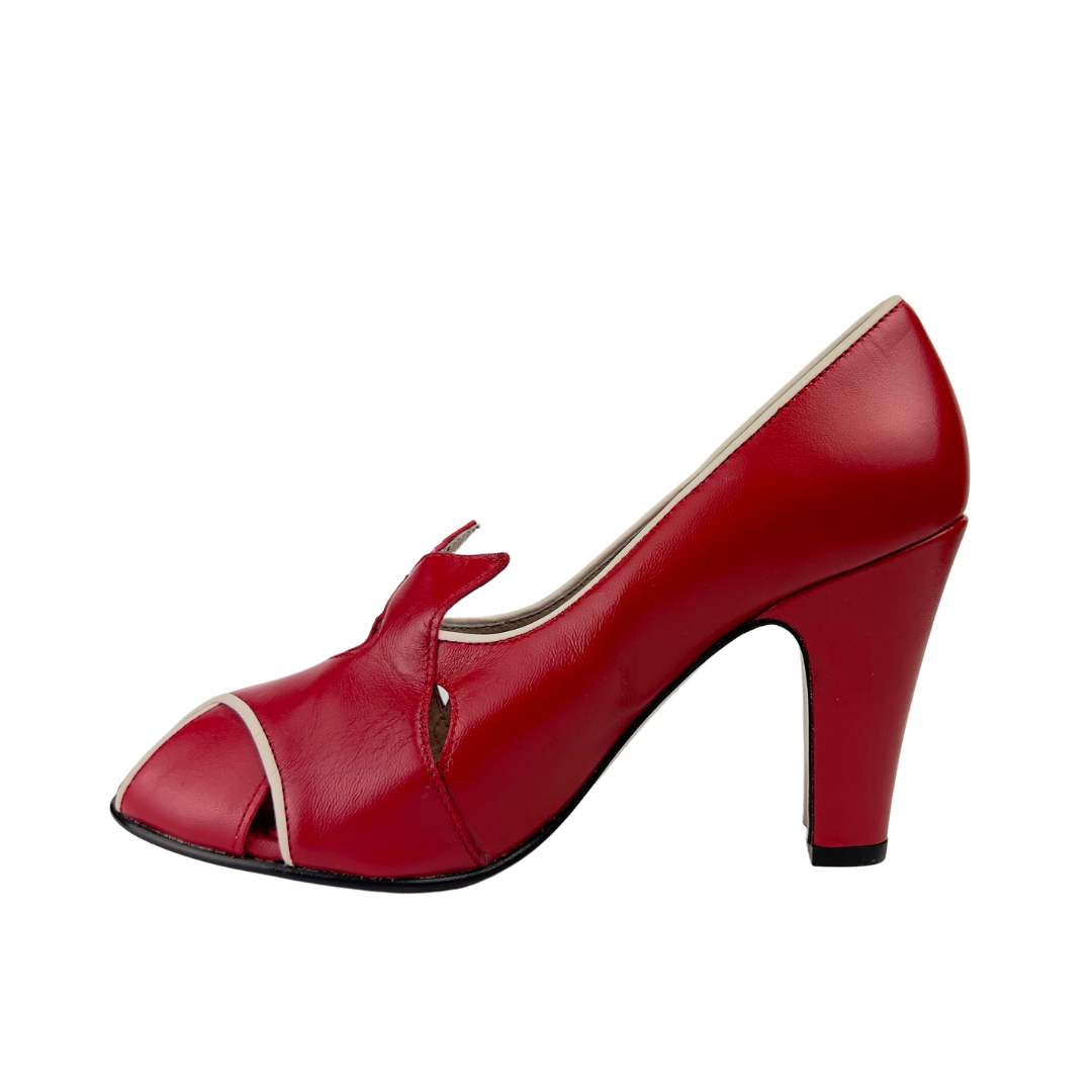 Remix Red Leather Peep Toe Pump with White Trim