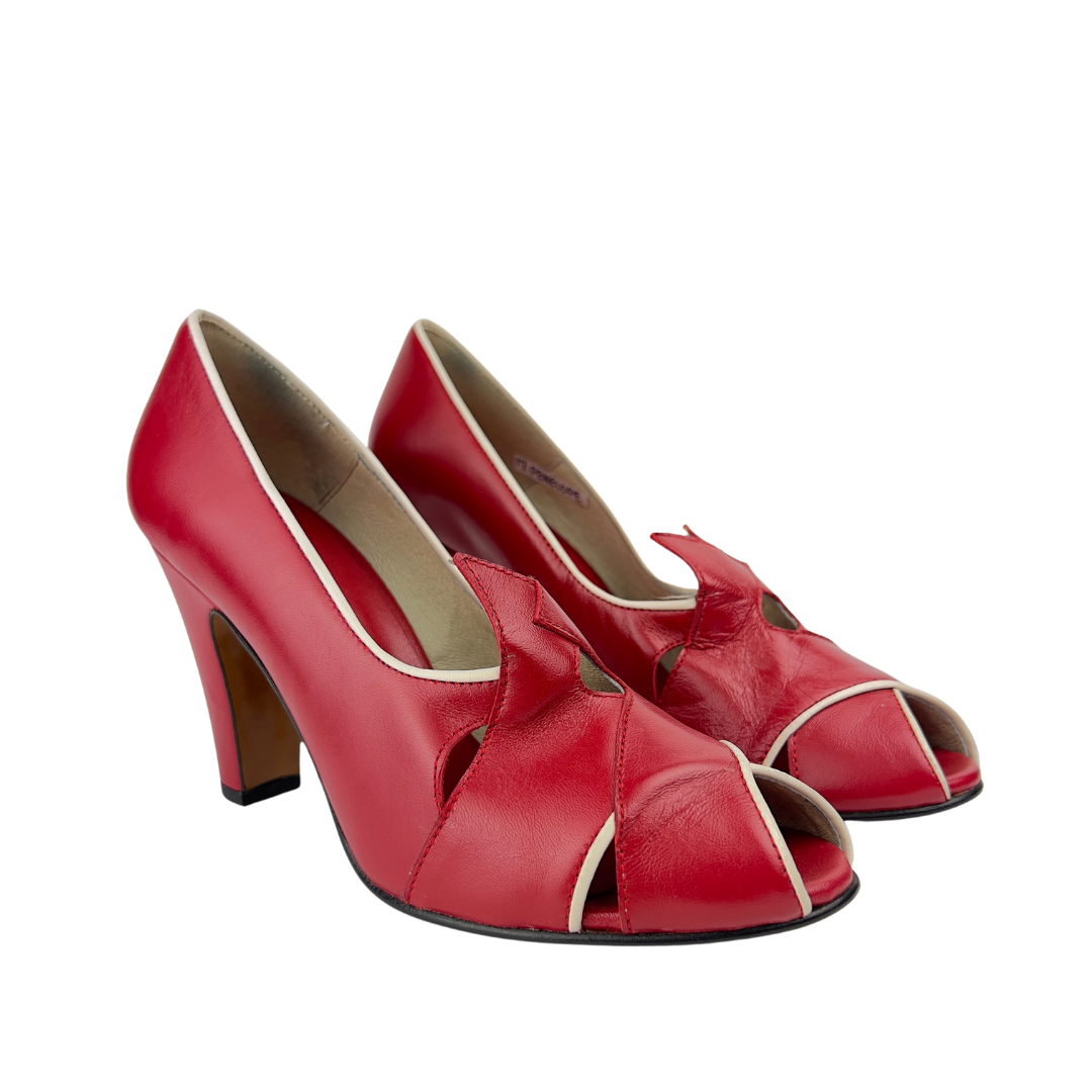 Remix Red Leather Peep Toe Pump with White Trim