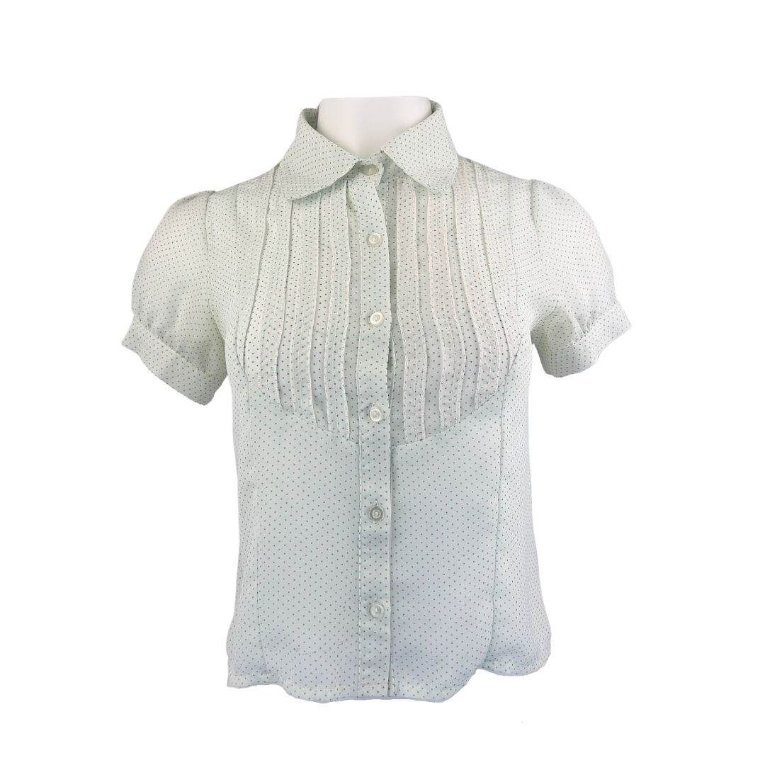 Retro White Short Sleeve Tuxedo Blouse with Blue Polka Dots