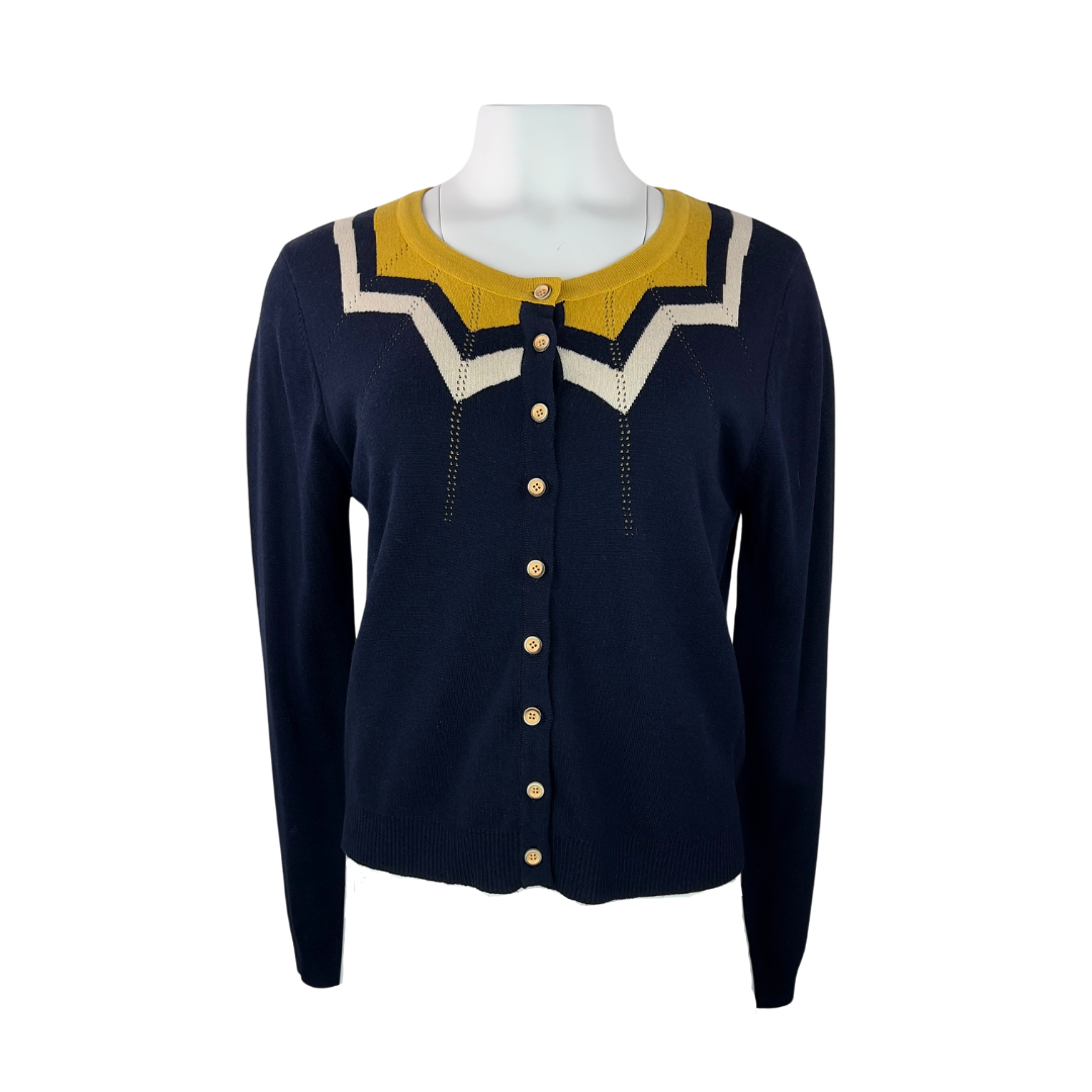 Royal Monk Retro Style Navy Cardigan with Yellow Neckline