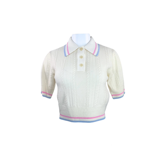 White Sandro Crop Short Sleeve Polo with Pink and Blue Tipping