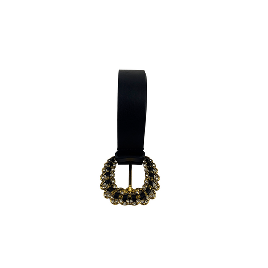 Black Leather Belt with Crystal Buckle