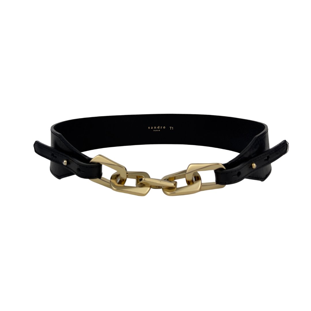 Sandro Leather Belt with Gold Chain