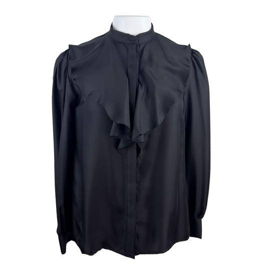 Sandro Black Collarless Blouse with Ruffles at Neckline