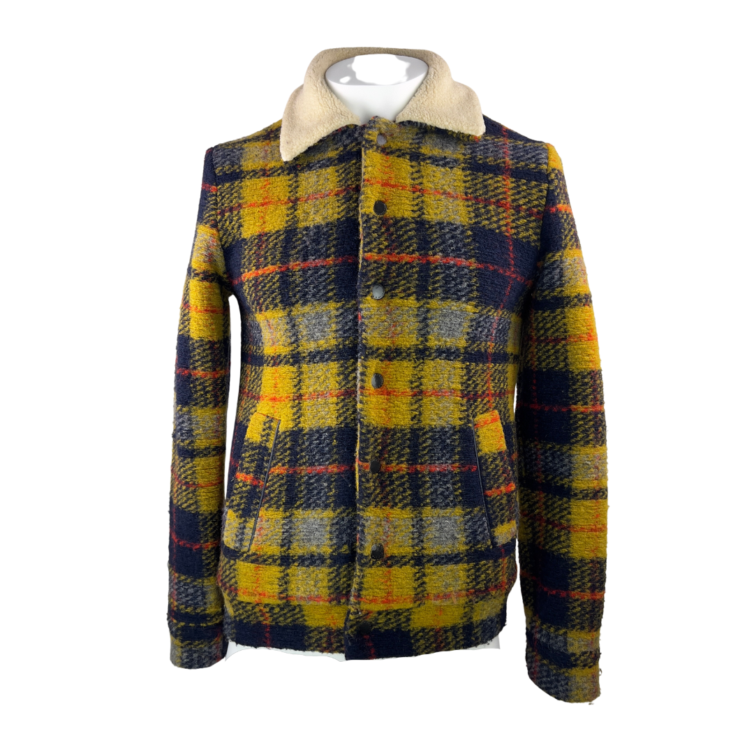 Scotch and Soda Yellow Plaid Jacket with Shearling Collar