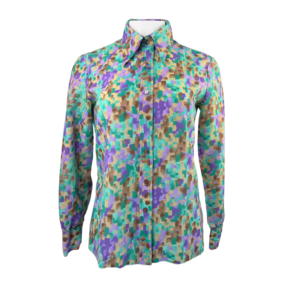 Sears Vintage Button Up with Pointy Collar in Purple, Green and Brown