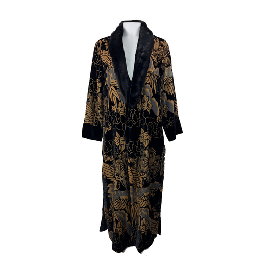 Black and Nude Flocked Robe with Faux Fur Collar