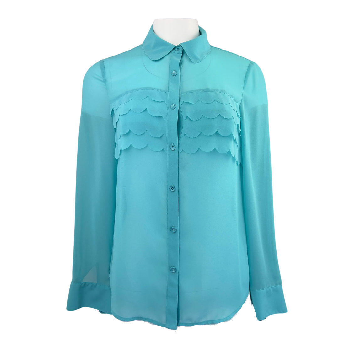 Kensie Blue Sheer Blouse with Scalloped Ruffles on the Chest
