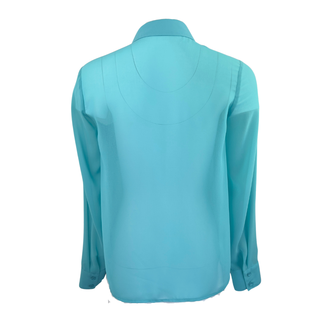 Kensie Blue Sheer Blouse with Scalloped Ruffles on the Chest