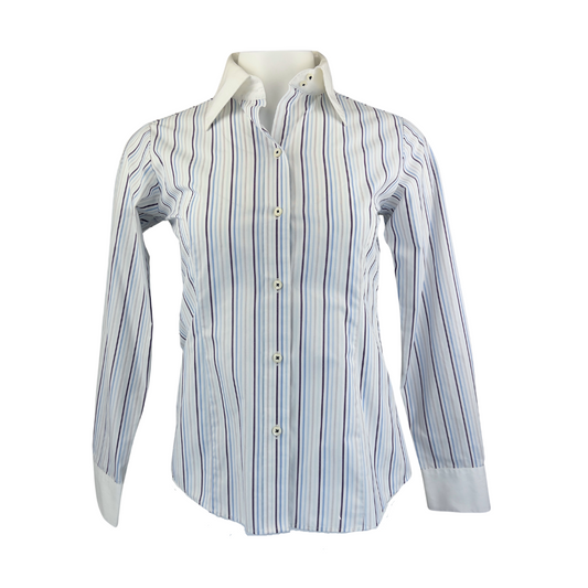 Plaza Dress Shirt Blue, Pink and Purple Pinstripe with White Collar and Cuffs Medium