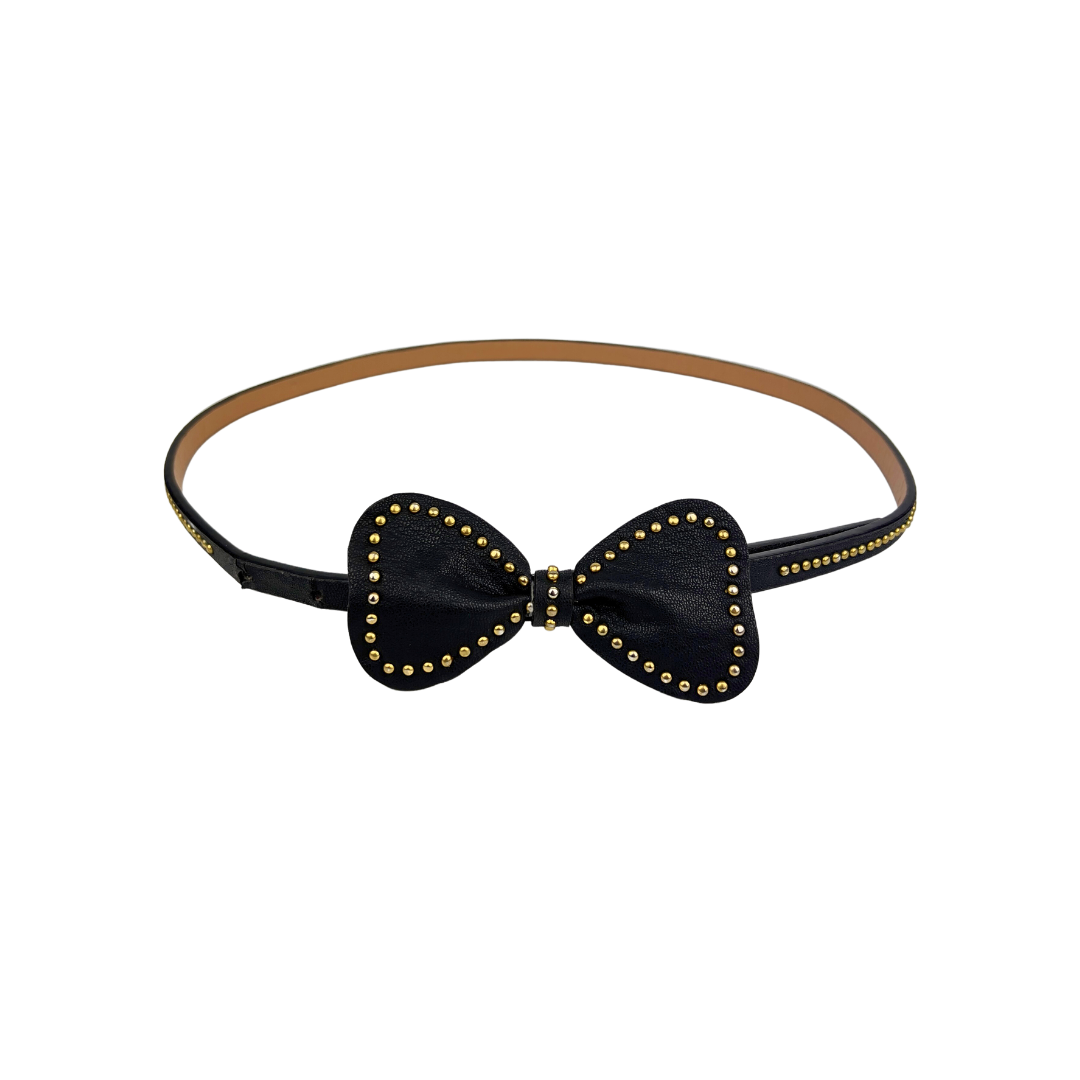 Thin Black Leather Belt with Bow and Studs