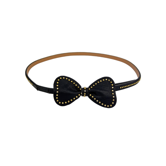 Thin Black Leather Belt with Bow and Studs