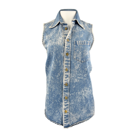 Sleeveless Acid Wash Button Up Medium