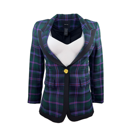 Smythe Plaid Wool Blazer in Green and Purple