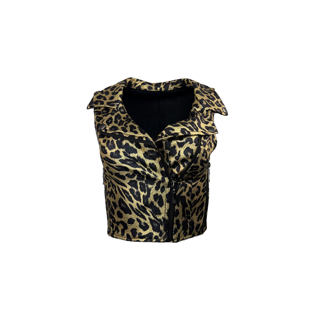 Stretchy Gold Leopard Print Cropped Vest