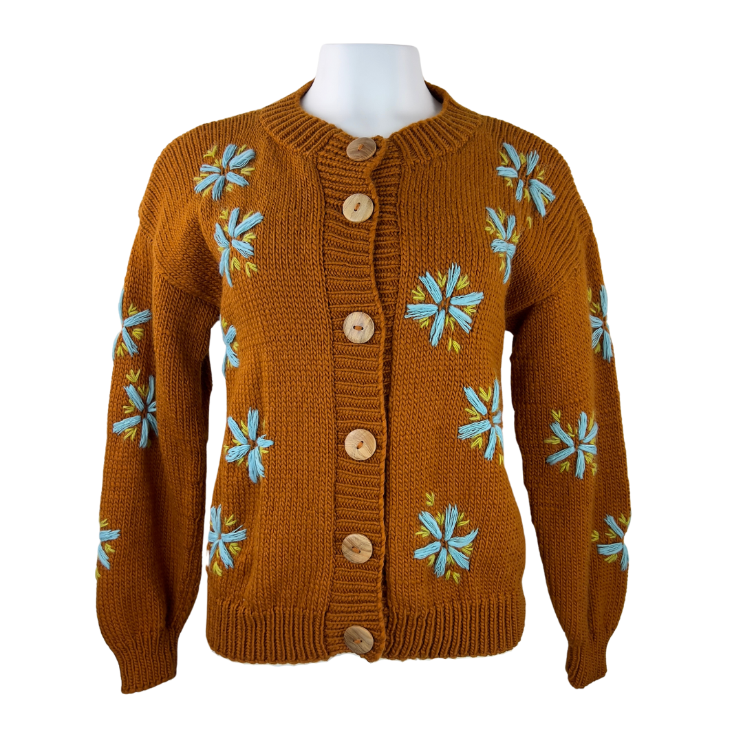 Tach Brown Wool Cardigan with Blue Floral Embroidery