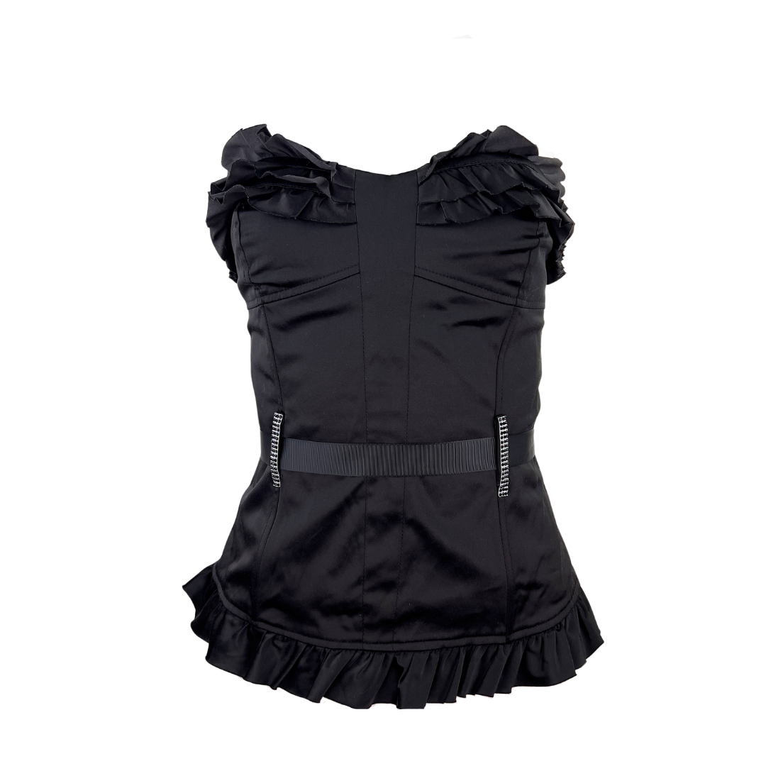 Teaberry Black Satin Bustier with Ruffle