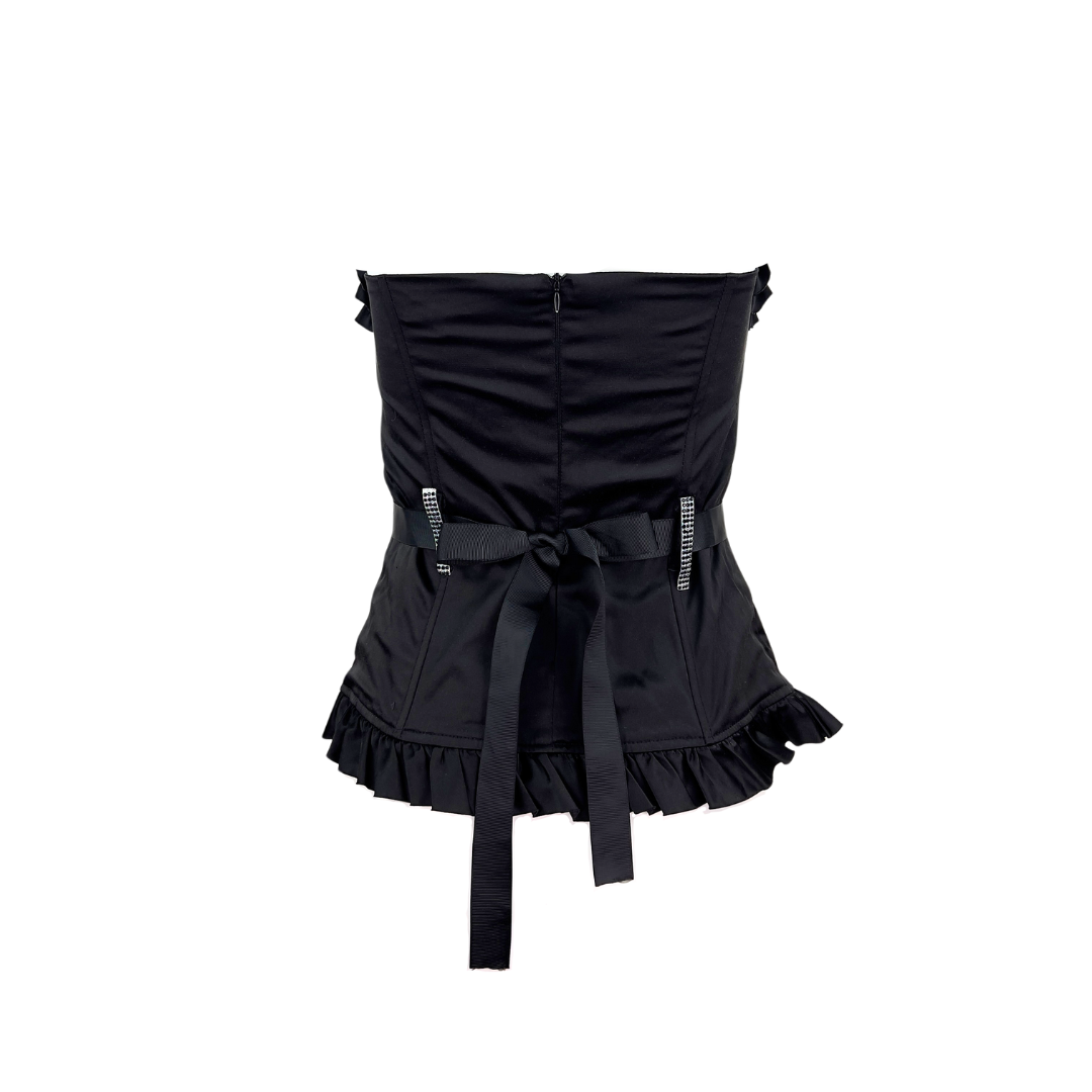 Teaberry Black Satin Bustier with Ruffle