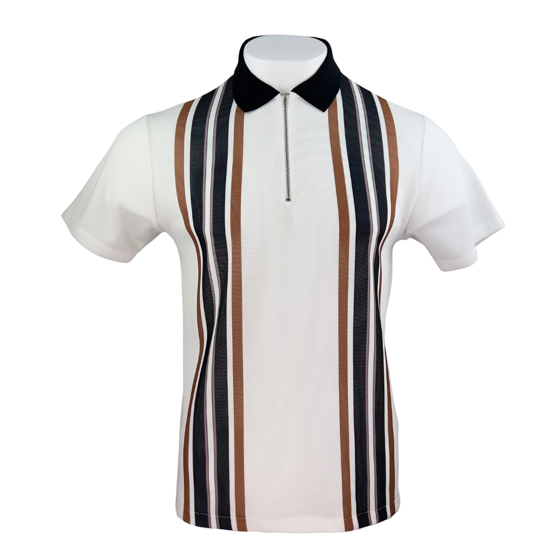 Topman White Zip Polo with Brown and Black Stripes