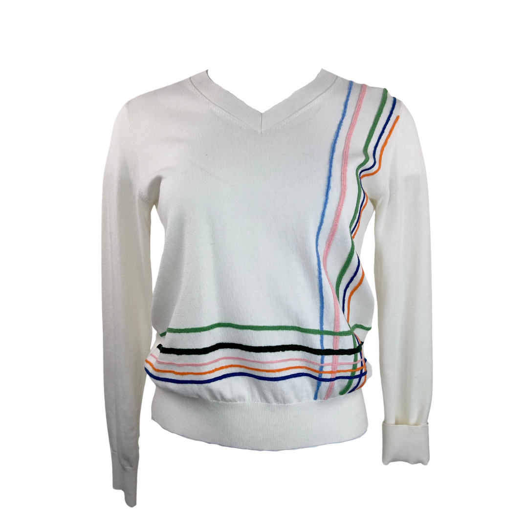 Tory Burch Loose White Sweater with Multi Color Stripes