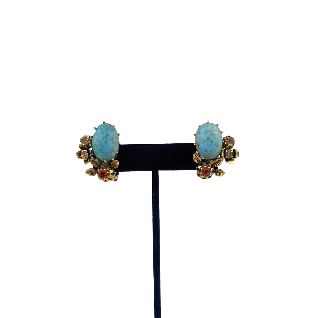 Vintage Turqouise Stone with Brass Leaves Clip On Earrings