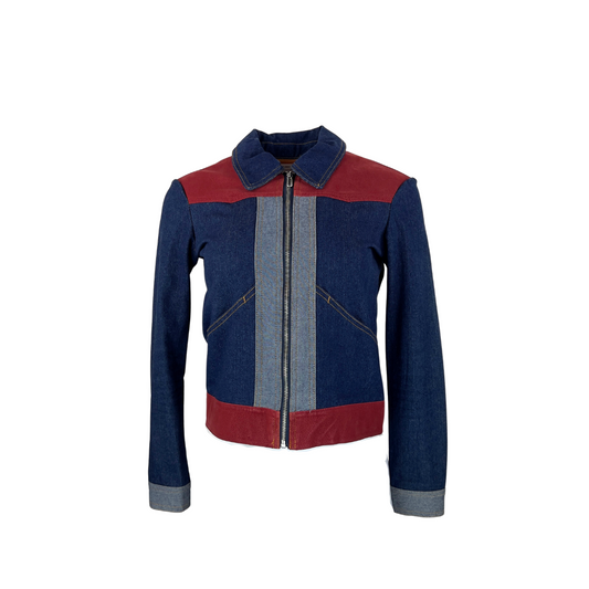 Urban Outfitters Retro Denim Patch Jacket with Burgundy Panels