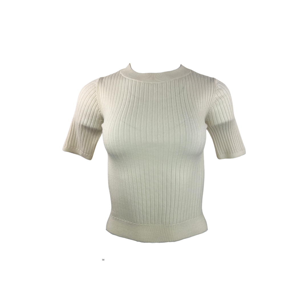 Uniqlo Short Sleeved Crewneck Ribbed Sweater in Cream