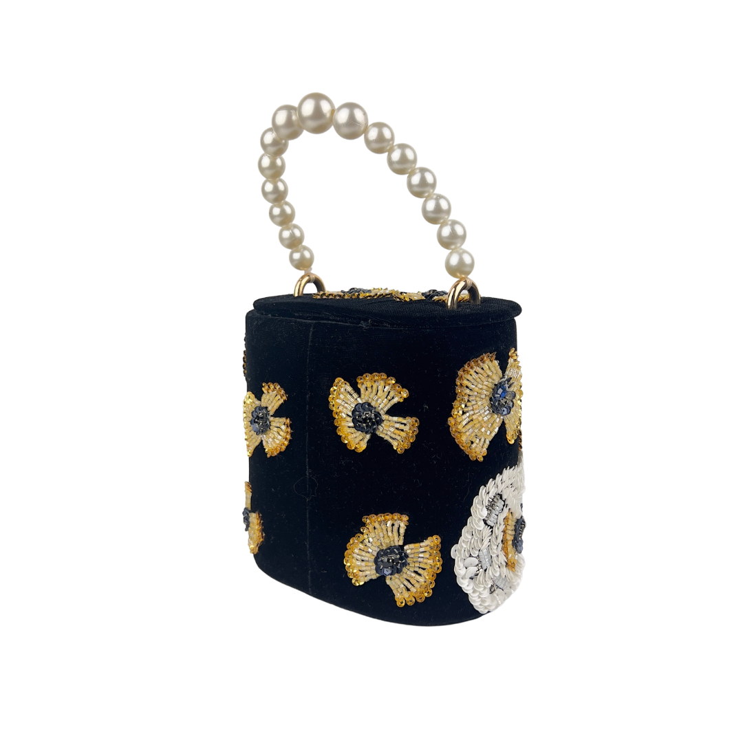 Black Velvet Bag with Floral Embroidery