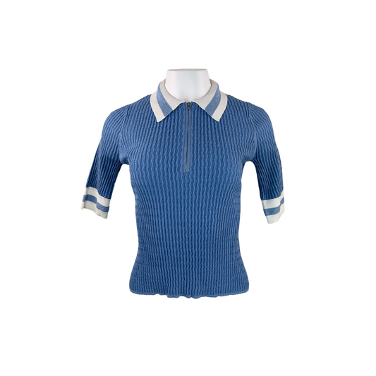 Veronica Beard Blue Short Sleeve Zip Polo with White Trim