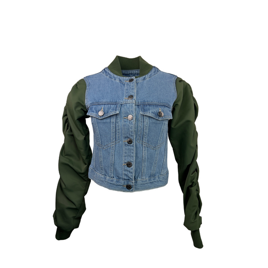 Veronica Beard Cropped Denim Jacket with Green Bomber Sleeves